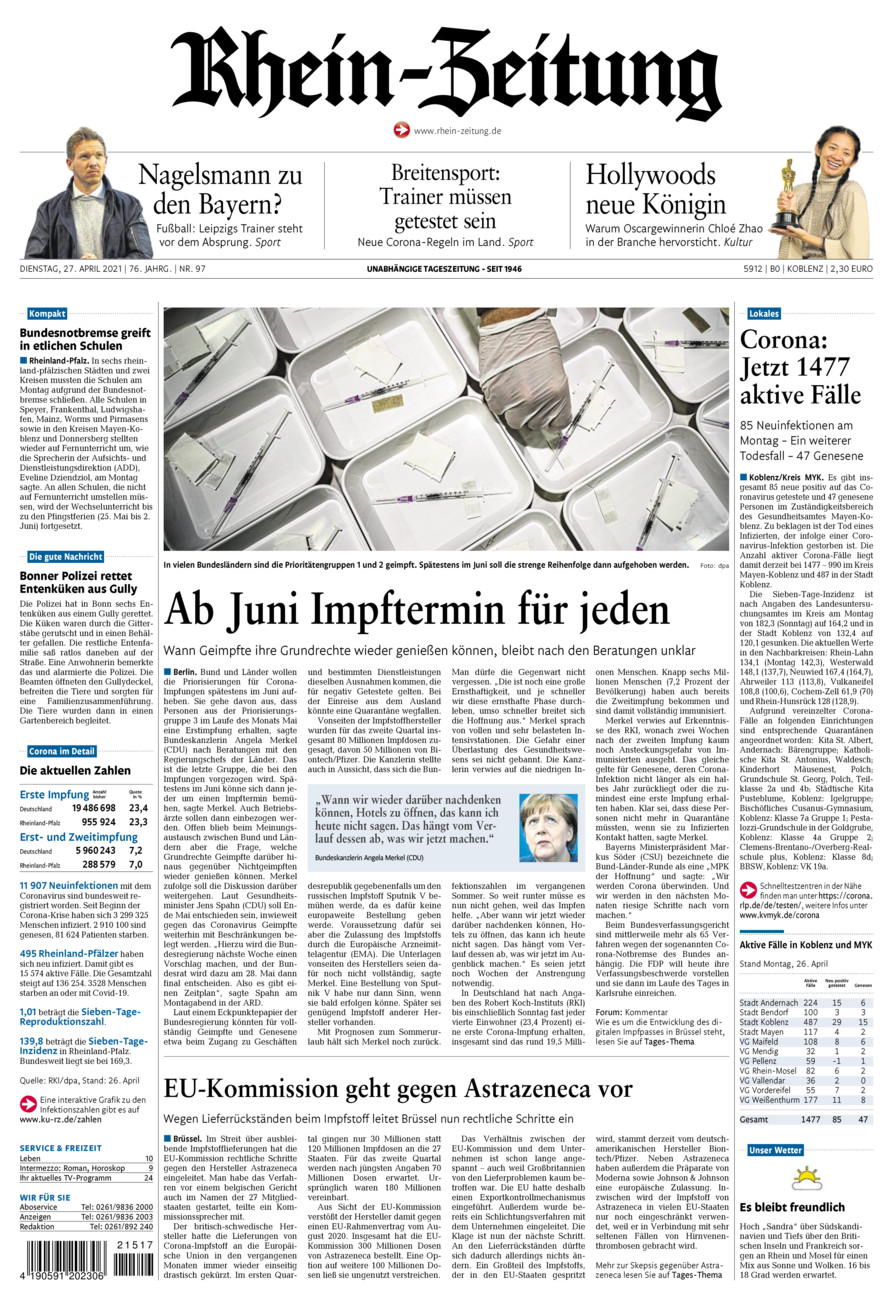Rhein-Zeitung Koblenz & Region vom Dienstag, 27.04.2021