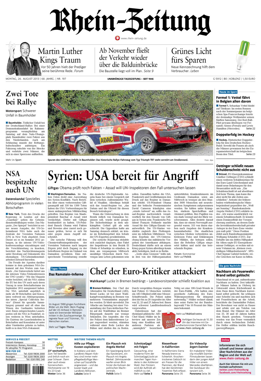 Rhein-Zeitung Koblenz & Region vom Montag, 26.08.2013