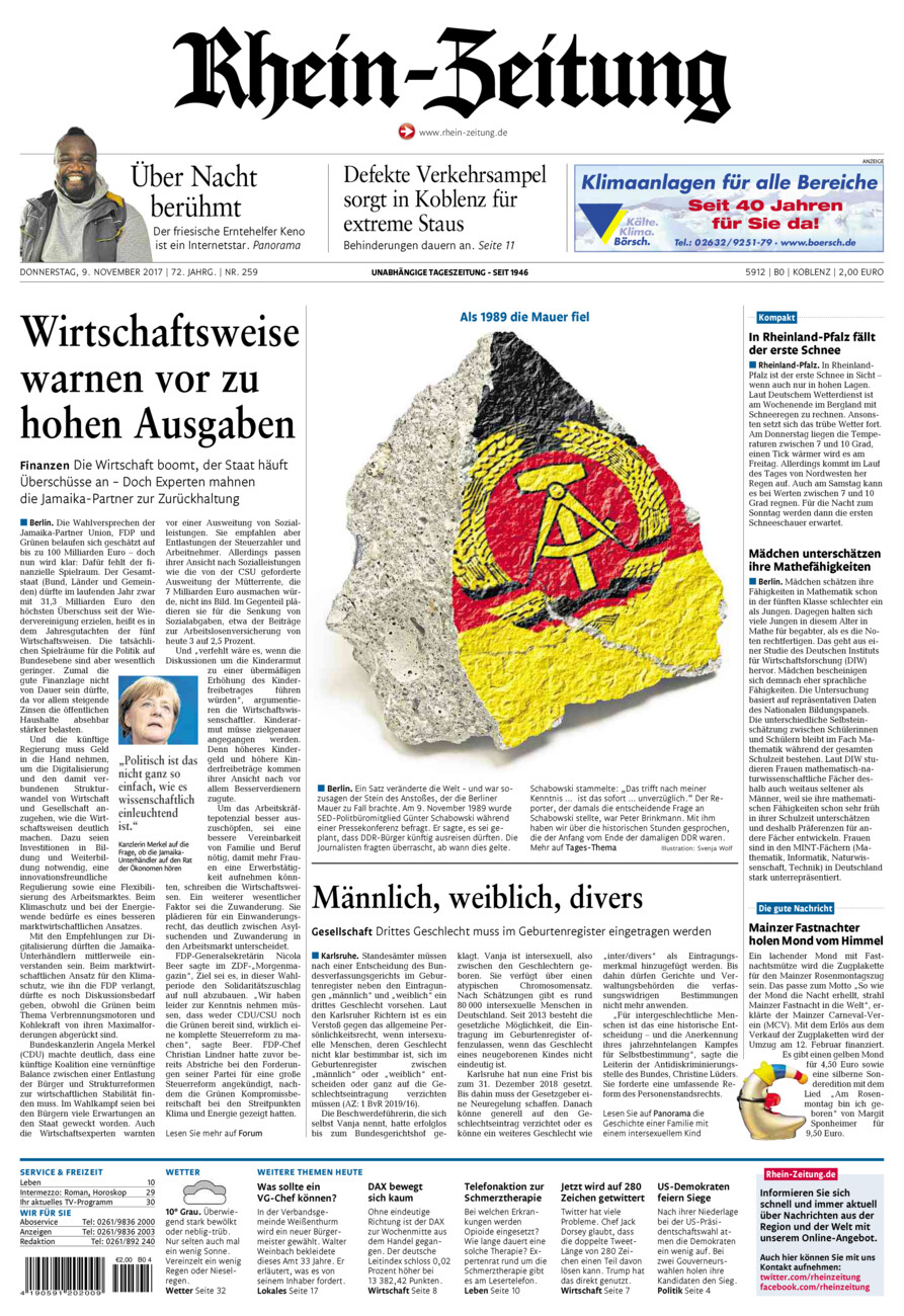 Rhein-Zeitung Koblenz & Region vom Donnerstag, 09.11.2017