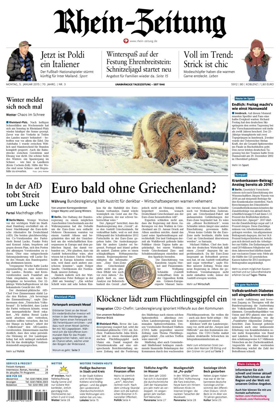 Rhein-Zeitung Koblenz & Region vom Montag, 05.01.2015