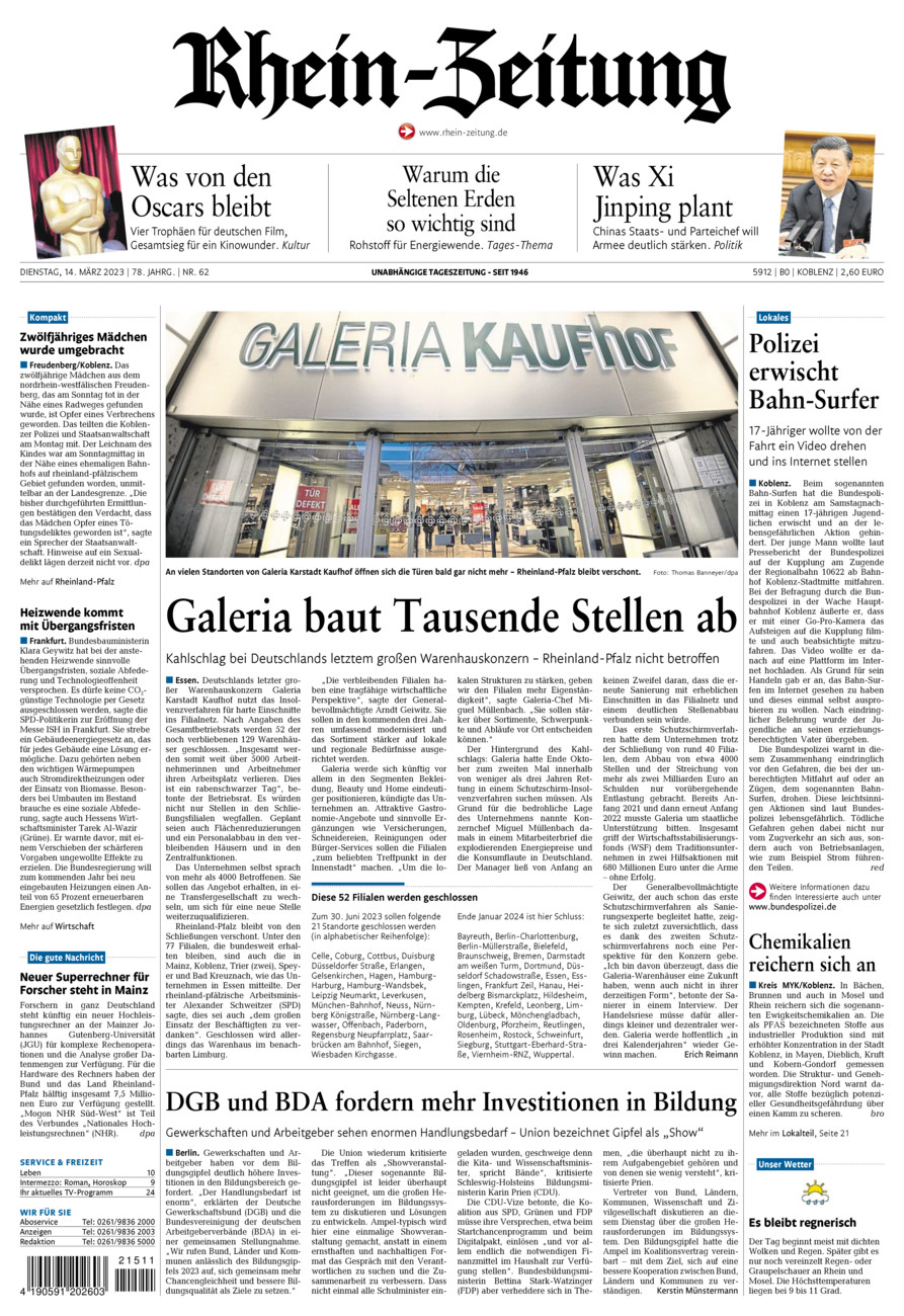 Rhein-Zeitung Koblenz & Region vom Dienstag, 14.03.2023