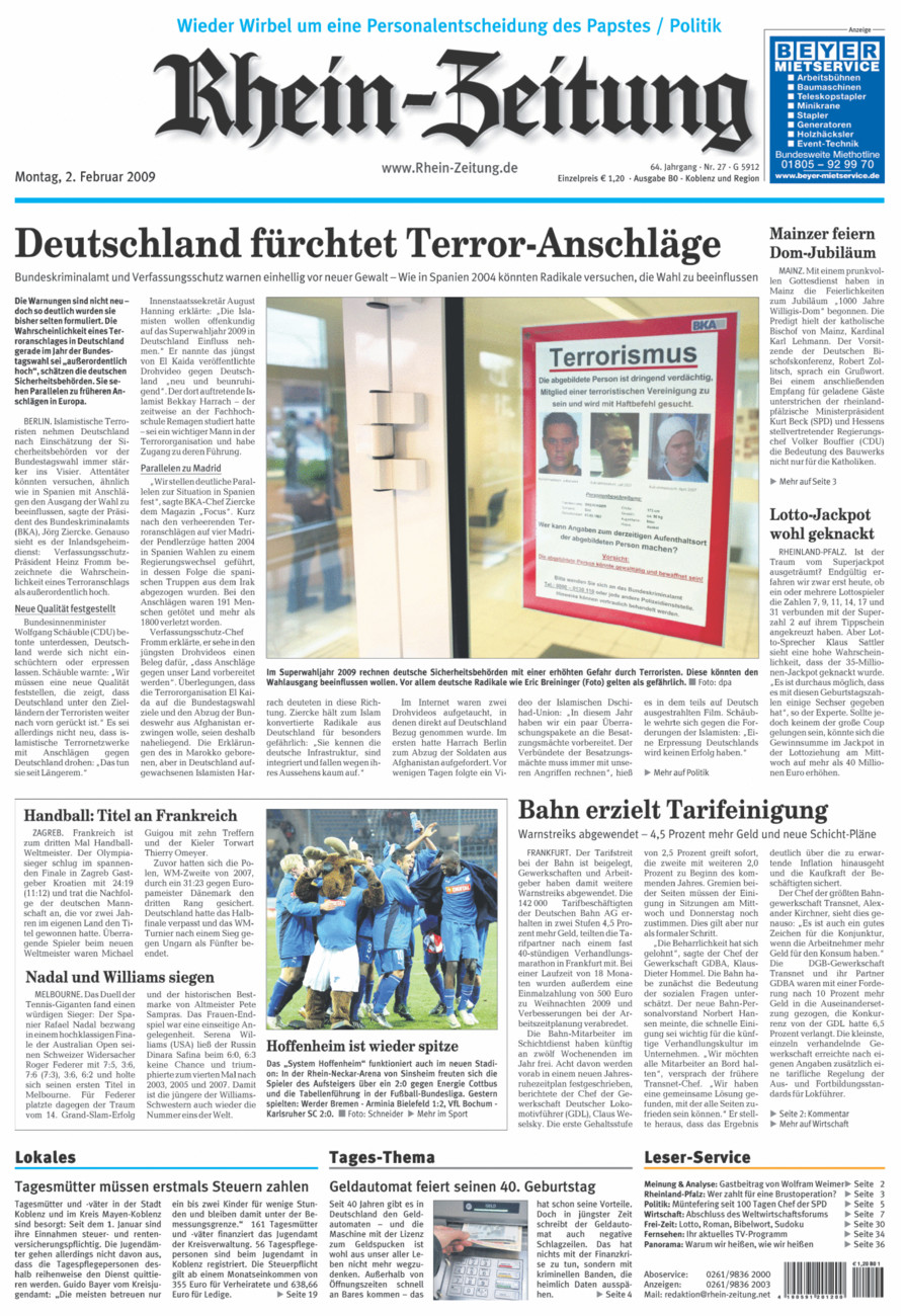 Rhein-Zeitung Koblenz & Region vom Montag, 02.02.2009