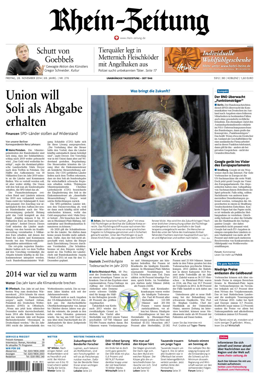 Rhein-Zeitung Koblenz & Region vom Freitag, 28.11.2014