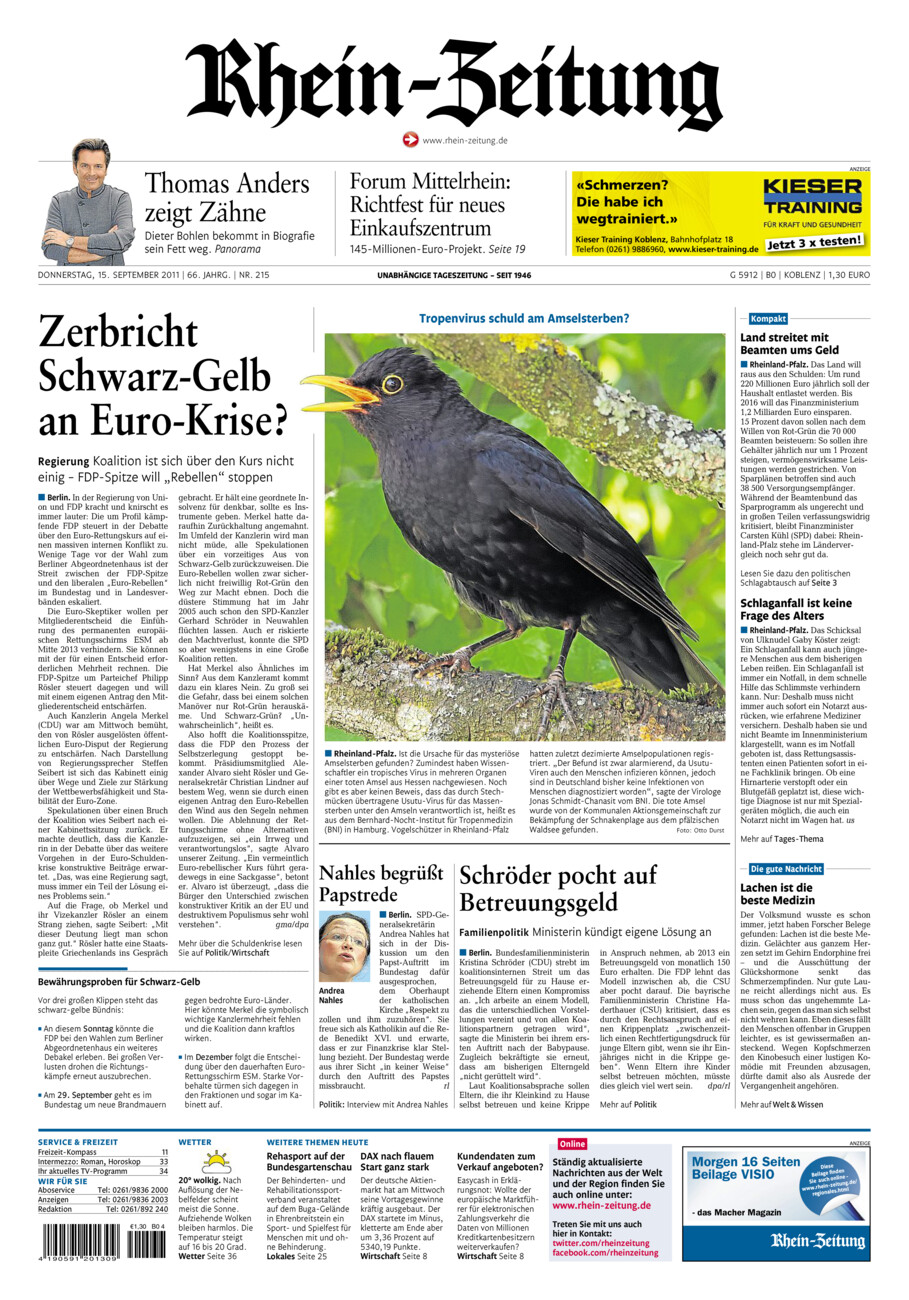 Rhein-Zeitung Koblenz & Region vom Donnerstag, 15.09.2011