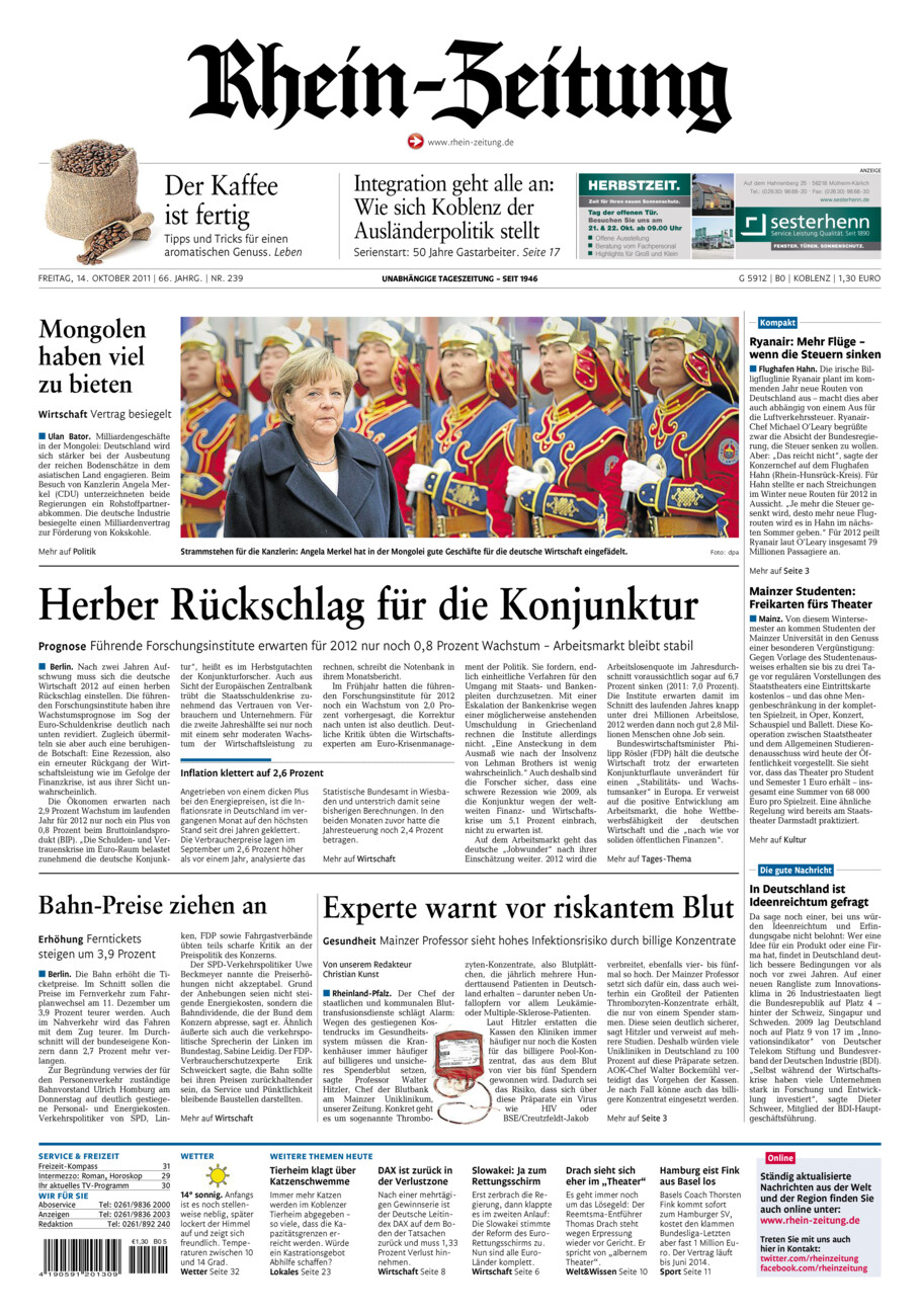 Rhein-Zeitung Koblenz & Region vom Freitag, 14.10.2011