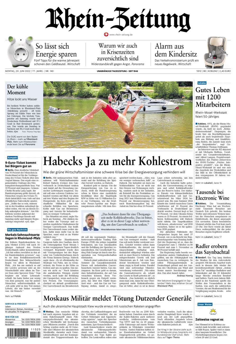 Rhein-Zeitung Koblenz & Region vom Montag, 20.06.2022