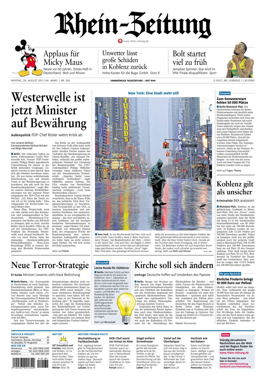 Rhein-Zeitung Koblenz & Region vom Montag, 29.08.2011