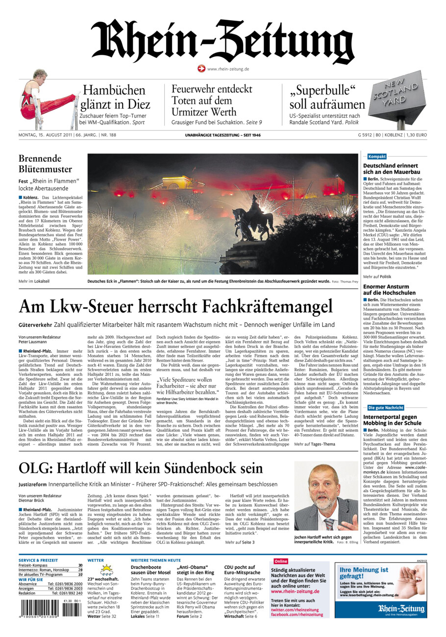 Rhein-Zeitung Koblenz & Region vom Montag, 15.08.2011