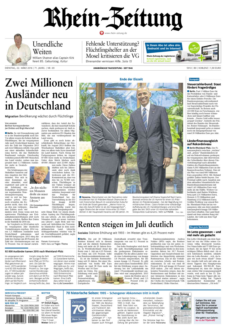 Rhein-Zeitung Koblenz & Region vom Dienstag, 22.03.2016