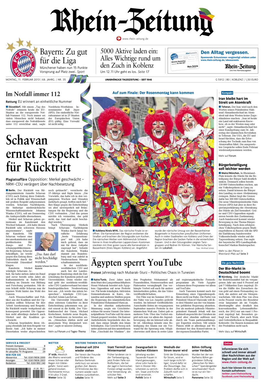 Rhein-Zeitung Koblenz & Region vom Montag, 11.02.2013