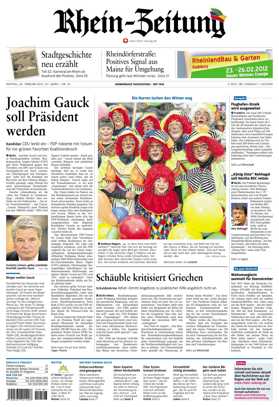 Rhein-Zeitung Koblenz & Region vom Montag, 20.02.2012