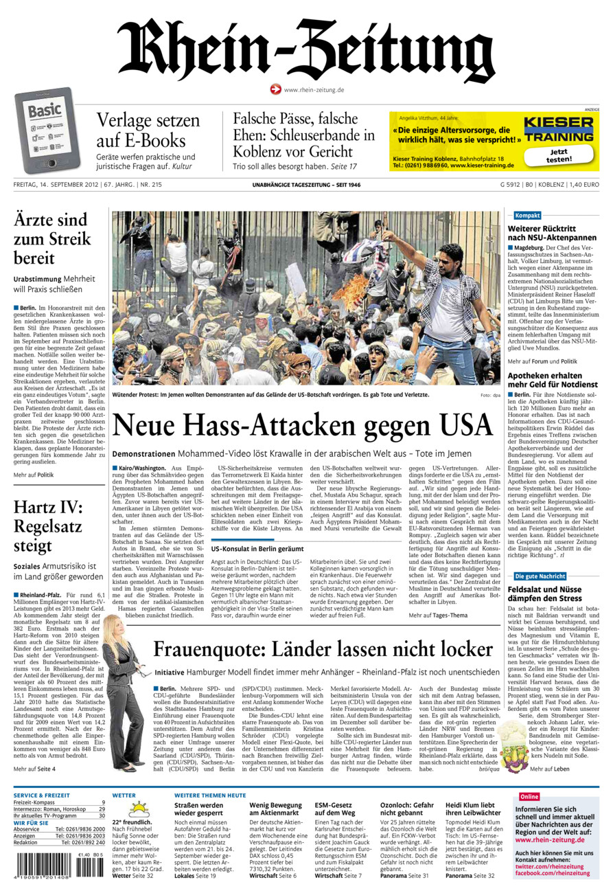 Rhein-Zeitung Koblenz & Region vom Freitag, 14.09.2012