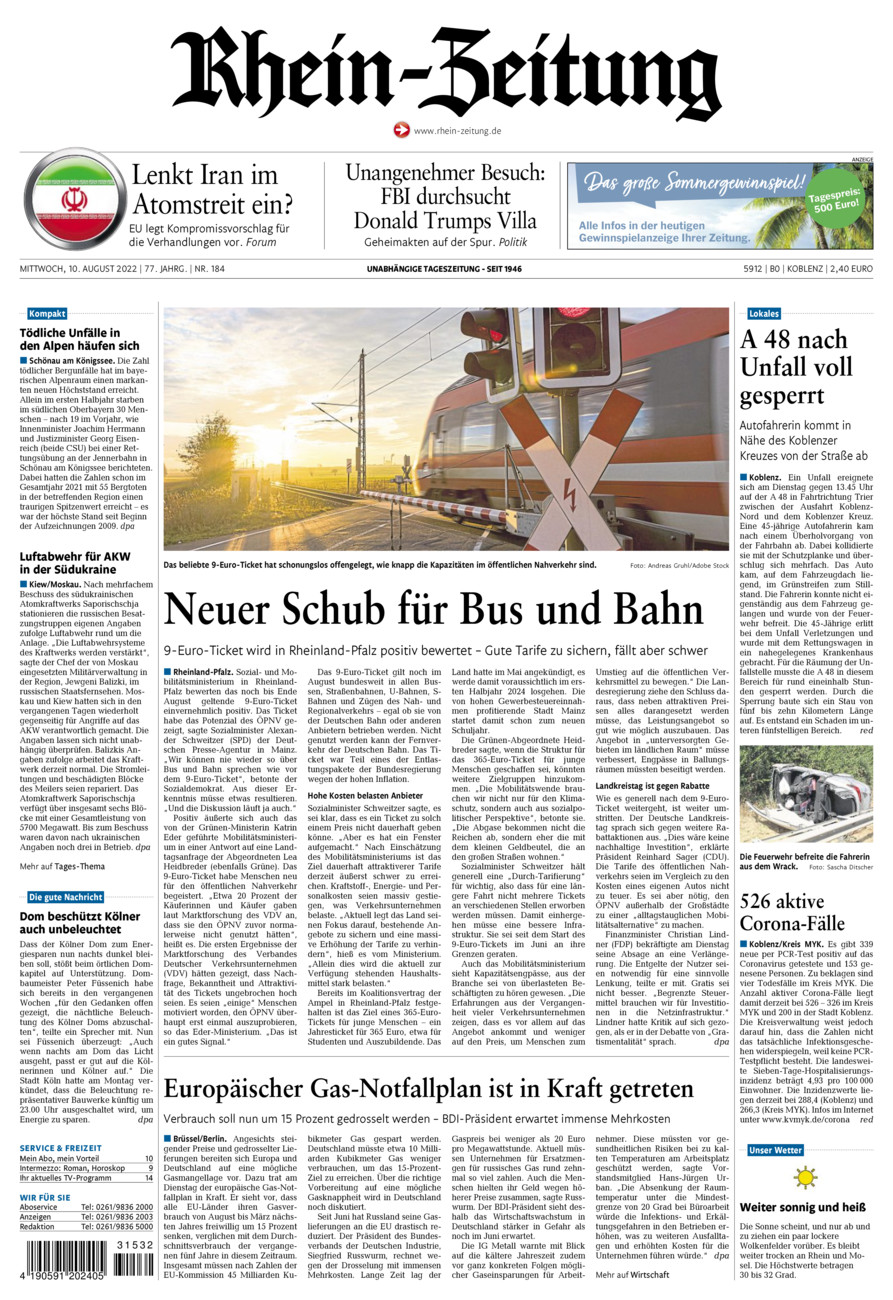 Rhein-Zeitung Koblenz & Region vom Mittwoch, 10.08.2022