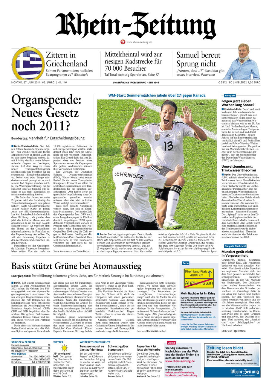 Rhein-Zeitung Koblenz & Region vom Montag, 27.06.2011