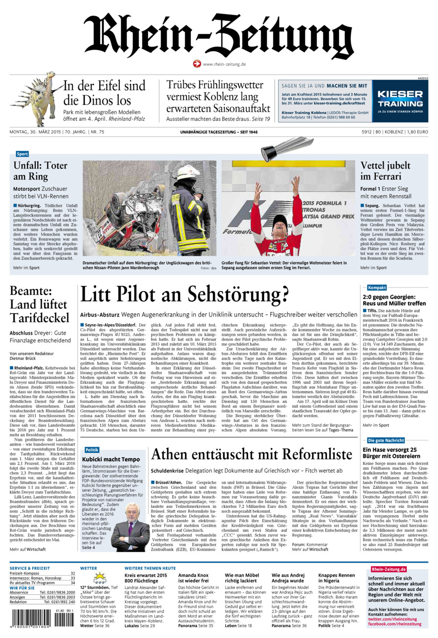 Rhein-Zeitung Koblenz & Region vom Montag, 30.03.2015