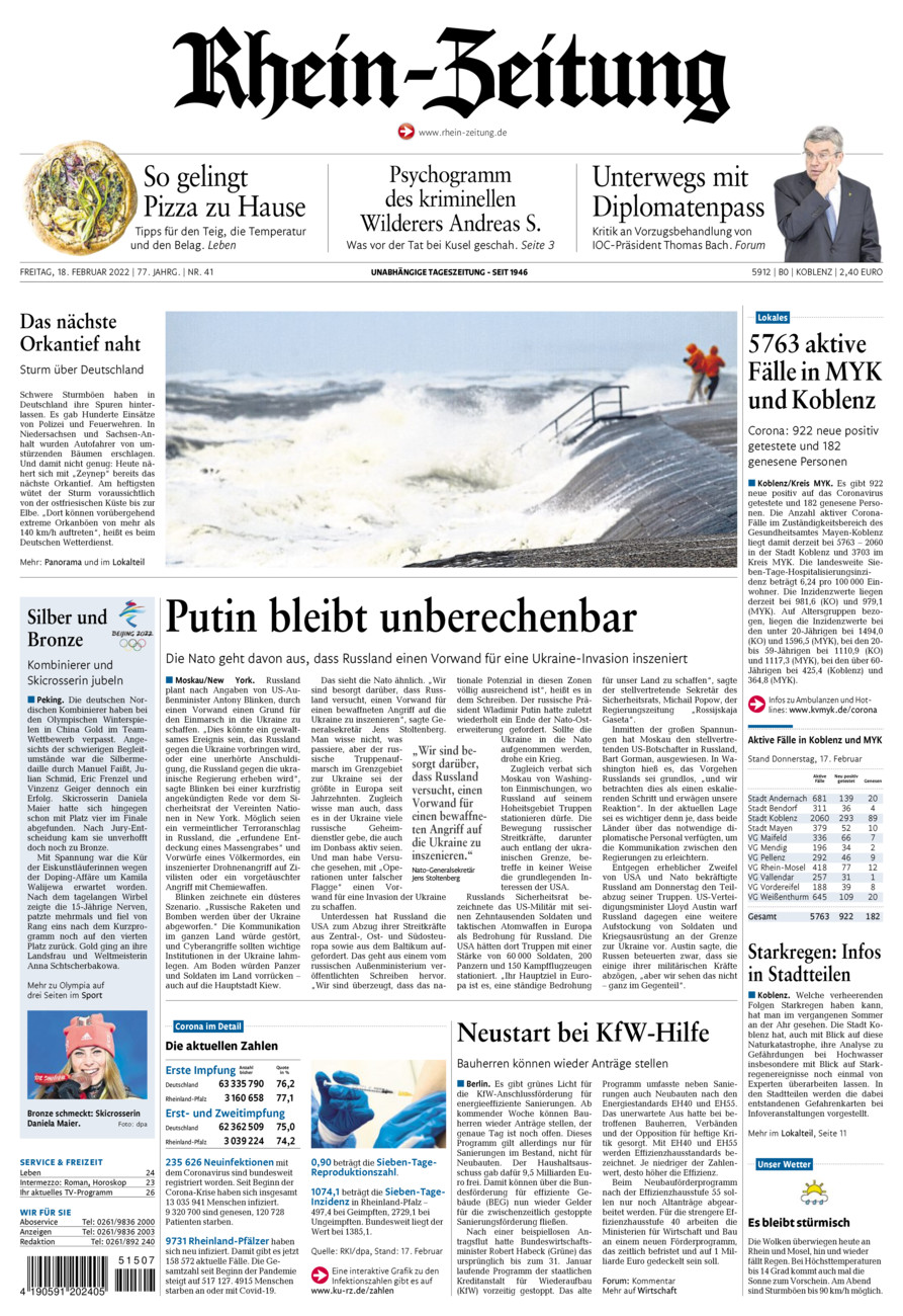 Rhein-Zeitung Koblenz & Region vom Freitag, 18.02.2022