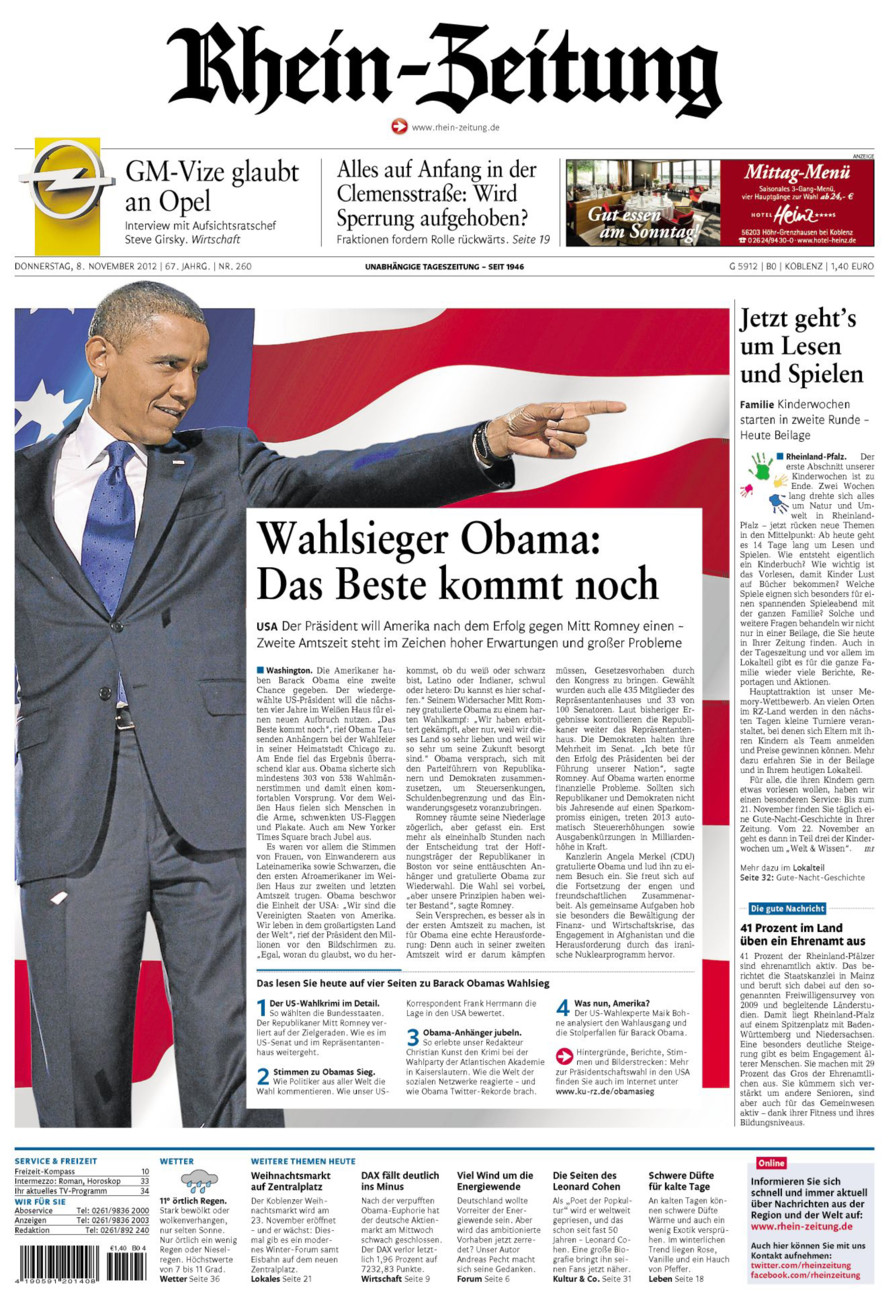 Rhein-Zeitung Koblenz & Region vom Donnerstag, 08.11.2012