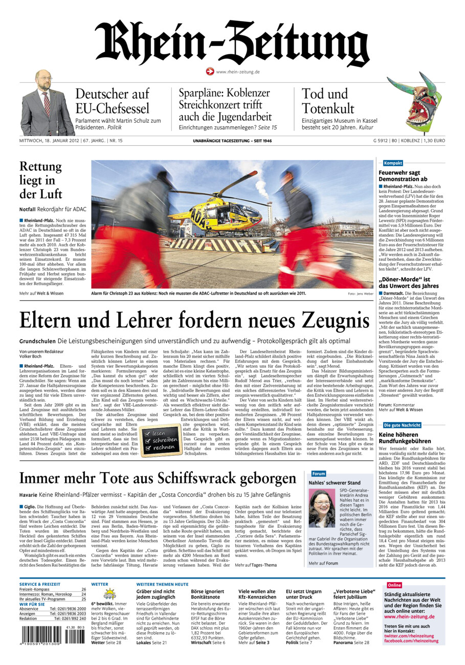 Rhein-Zeitung Koblenz & Region vom Mittwoch, 18.01.2012