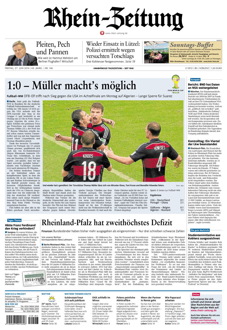 Rhein-Zeitung Koblenz & Region vom Freitag, 27.06.2014