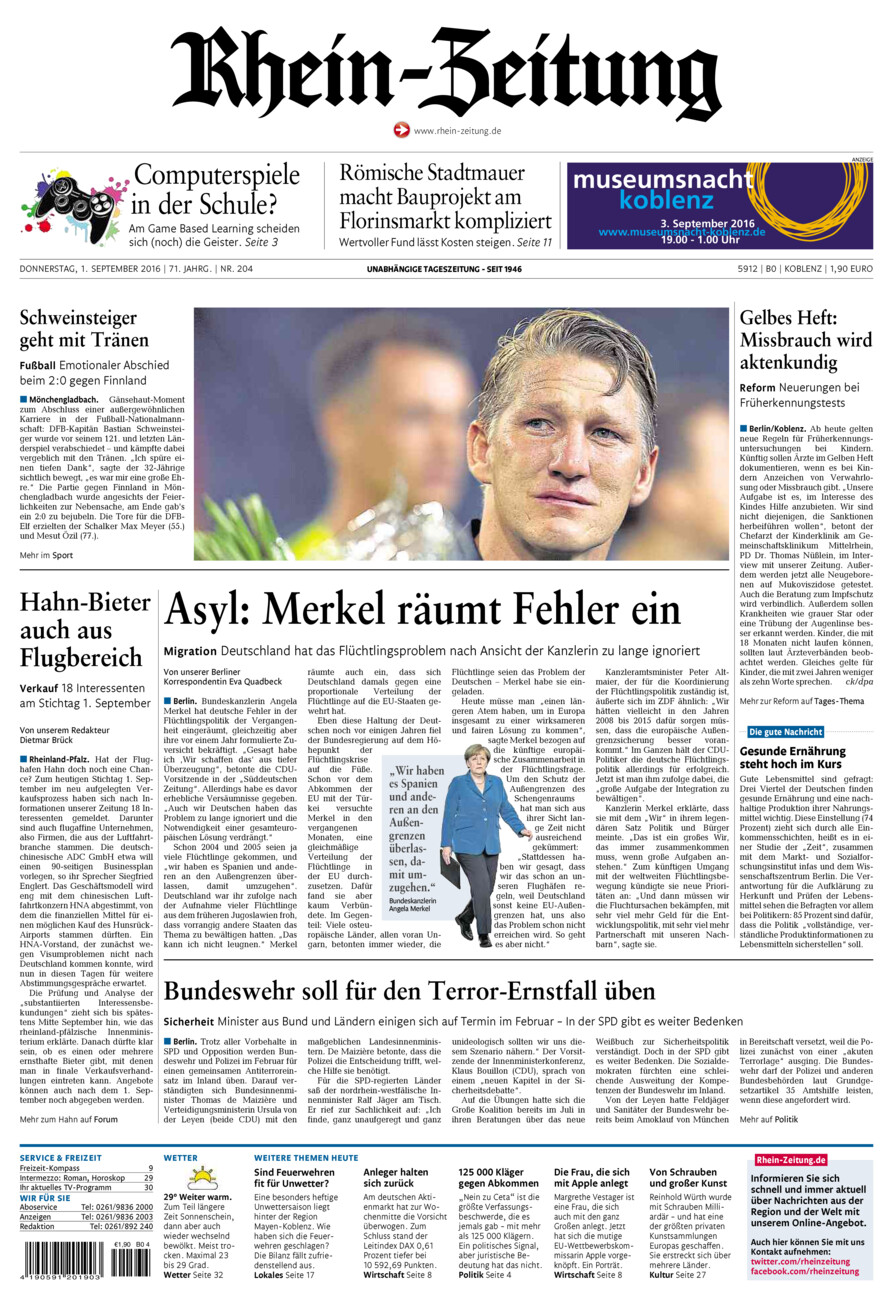 Rhein-Zeitung Koblenz & Region vom Donnerstag, 01.09.2016