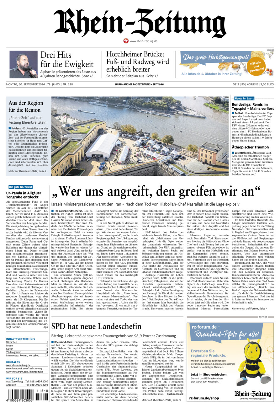 Rhein-Zeitung Koblenz & Region vom Montag, 30.09.2024