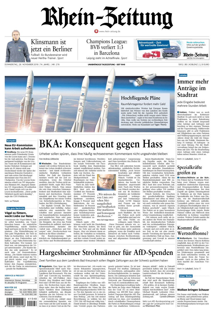 Rhein-Zeitung Koblenz & Region vom Donnerstag, 28.11.2019