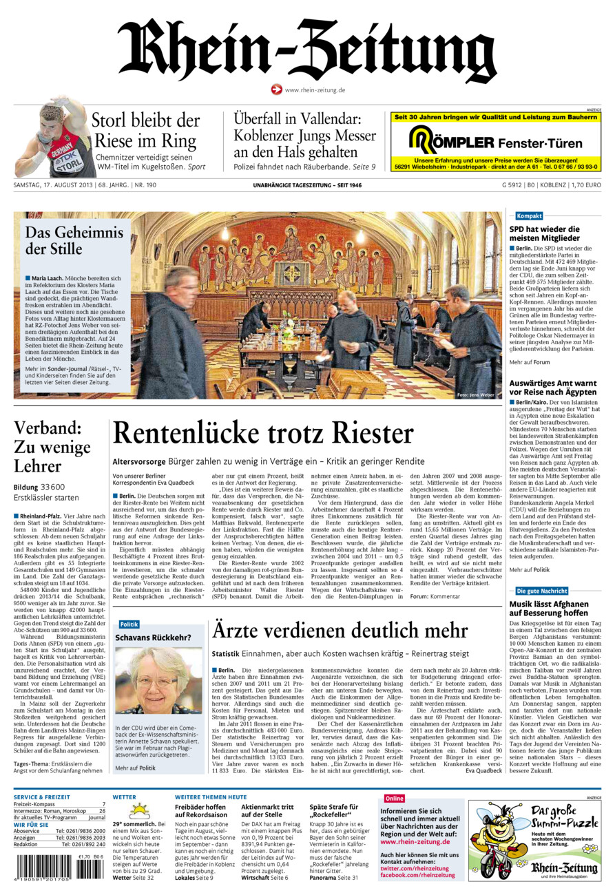 Rhein-Zeitung Koblenz & Region vom Samstag, 17.08.2013
