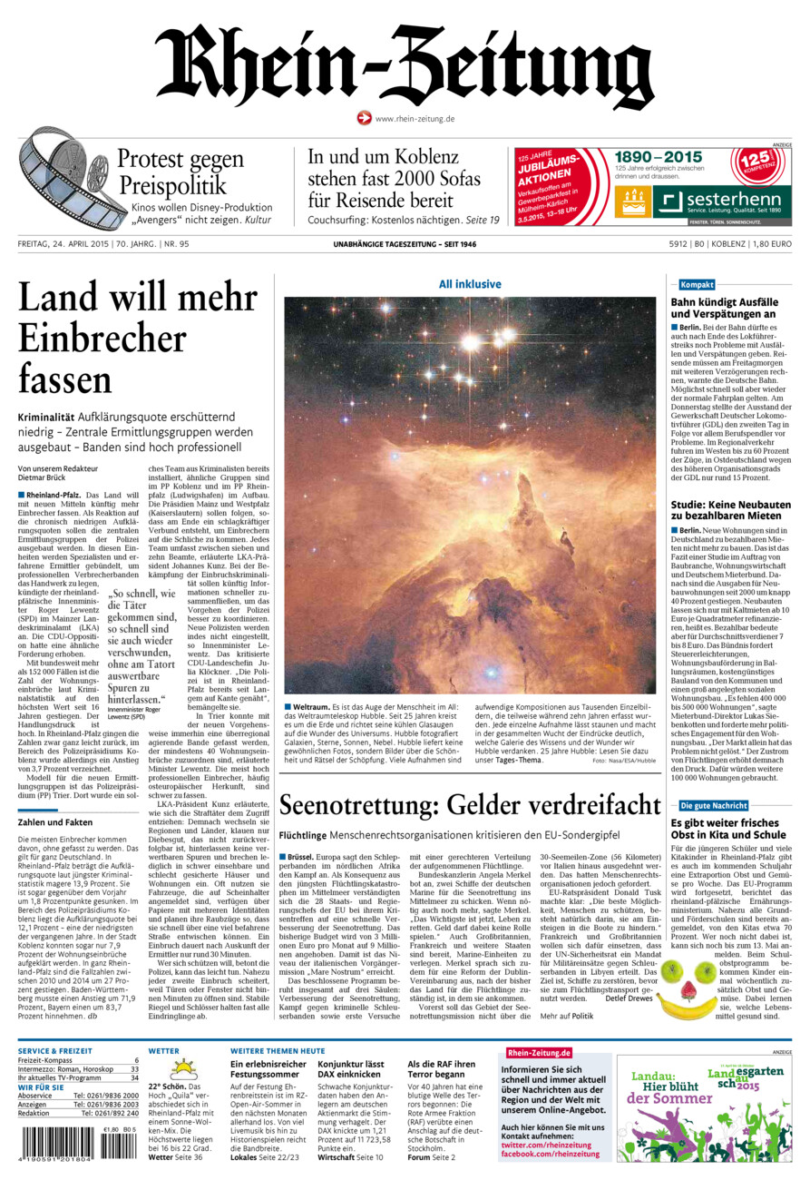 Rhein-Zeitung Koblenz & Region vom Freitag, 24.04.2015