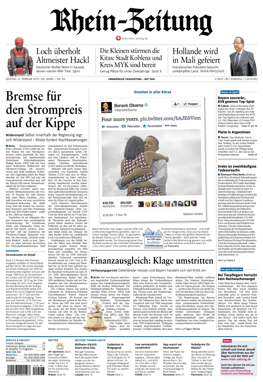 Rhein-Zeitung Koblenz & Region vom Montag, 04.02.2013