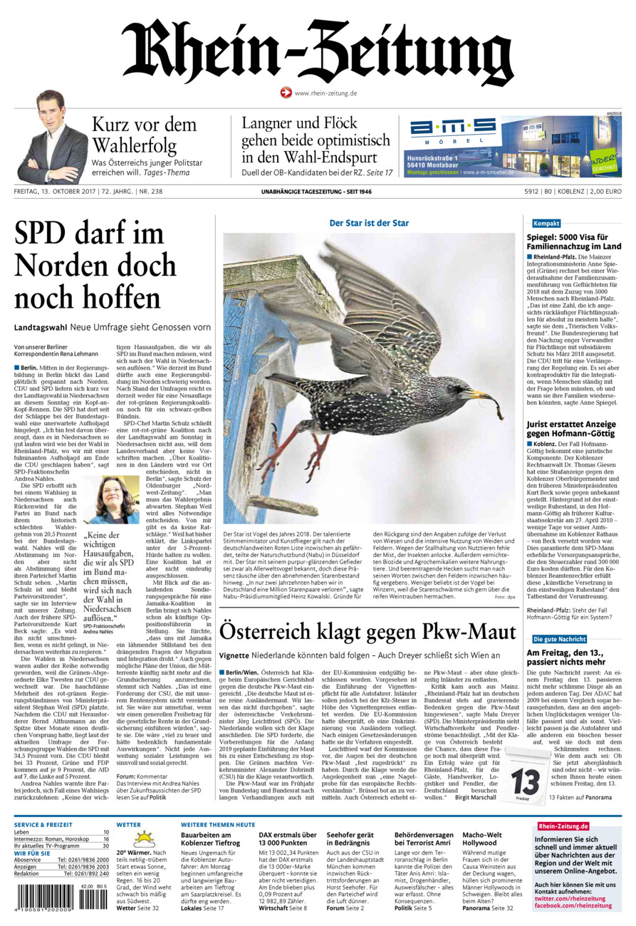 Rhein-Zeitung Koblenz & Region vom Freitag, 13.10.2017