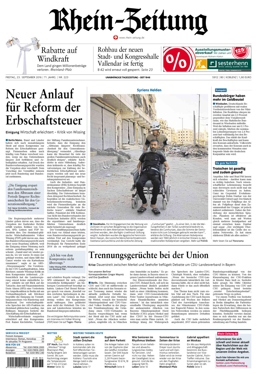 Rhein-Zeitung Koblenz & Region vom Freitag, 23.09.2016