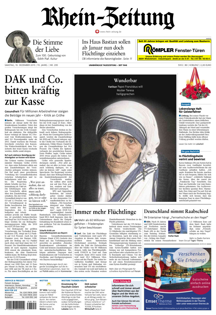 Rhein-Zeitung Koblenz & Region vom Samstag, 19.12.2015