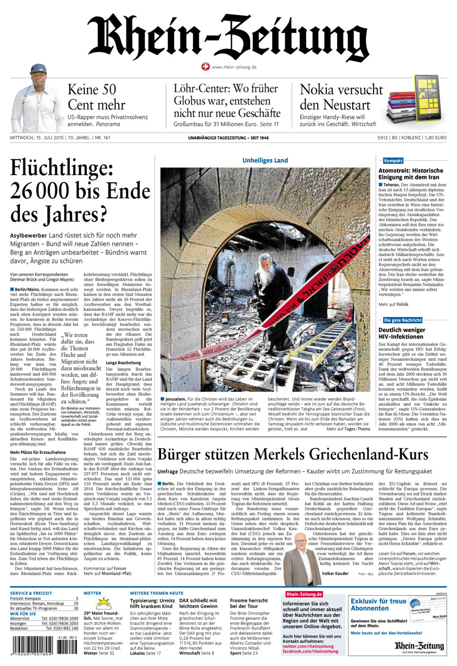 Rhein-Zeitung Koblenz & Region vom Mittwoch, 15.07.2015