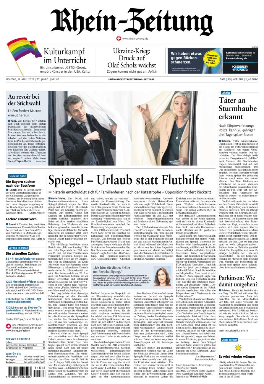 Rhein-Zeitung Koblenz & Region vom Montag, 11.04.2022