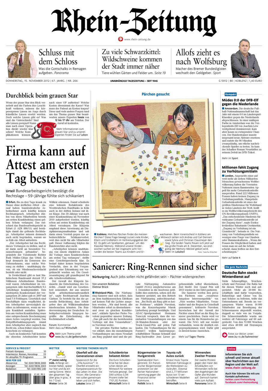 Rhein-Zeitung Koblenz & Region vom Donnerstag, 15.11.2012