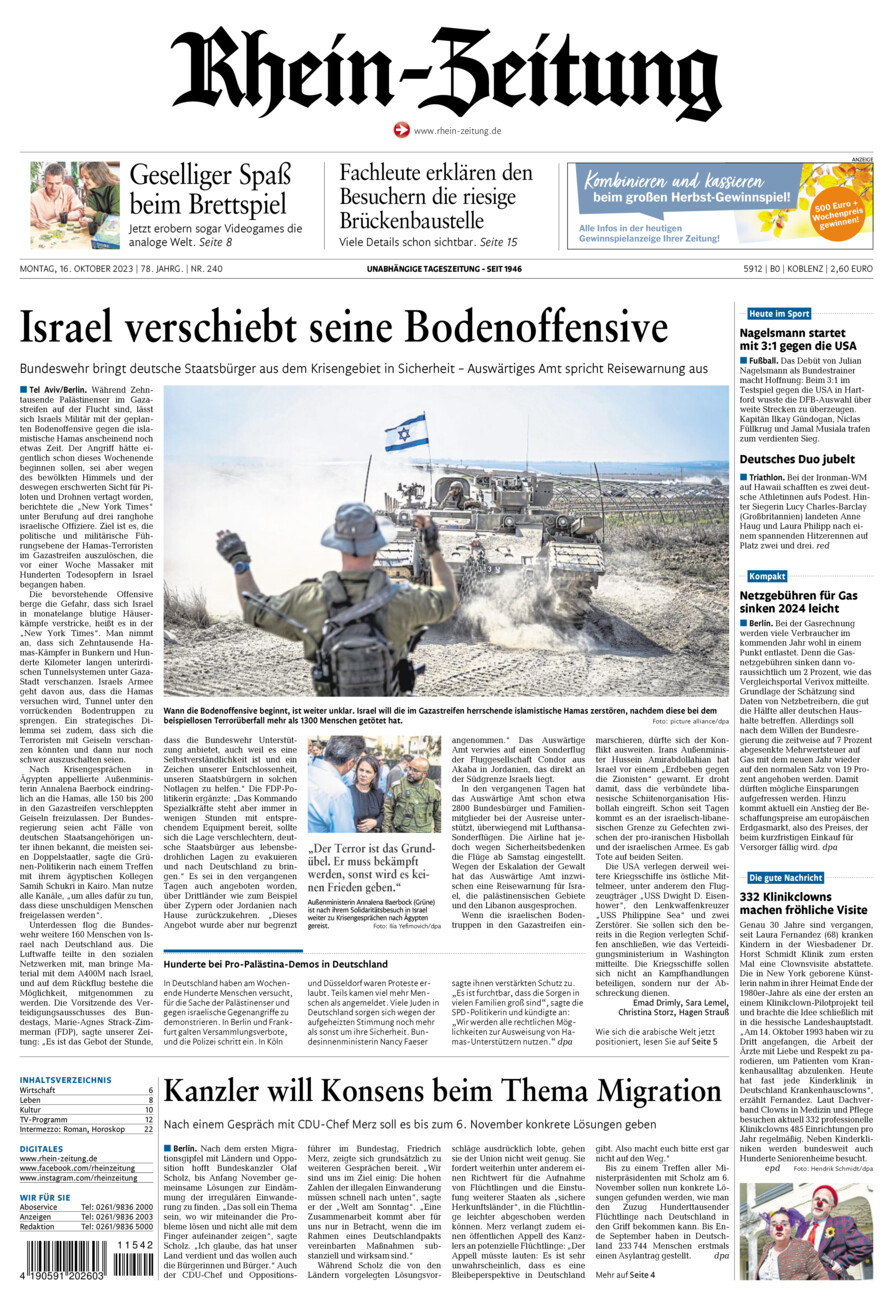 Rhein-Zeitung Koblenz & Region vom Montag, 16.10.2023