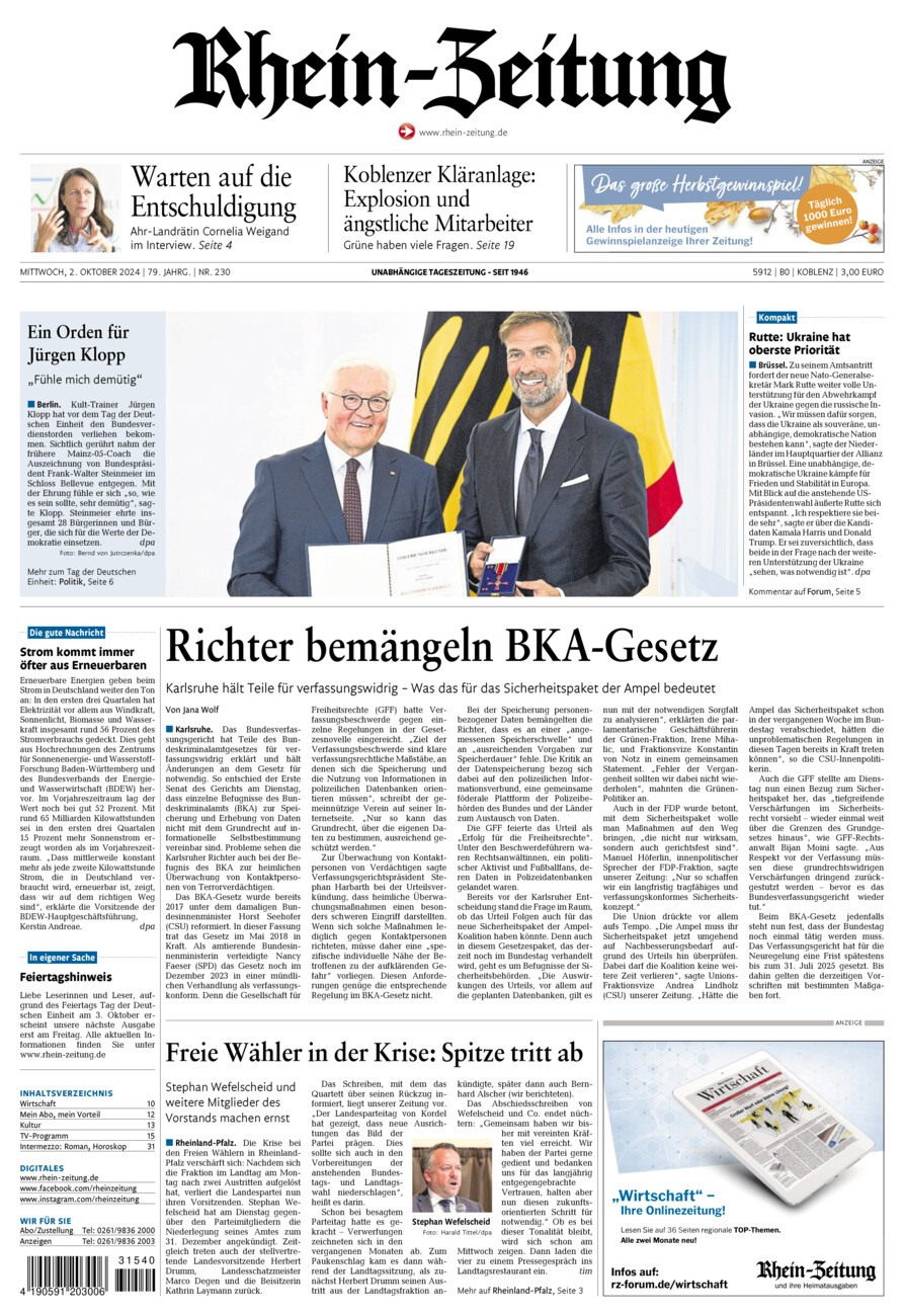 Rhein-Zeitung Koblenz & Region vom Mittwoch, 02.10.2024