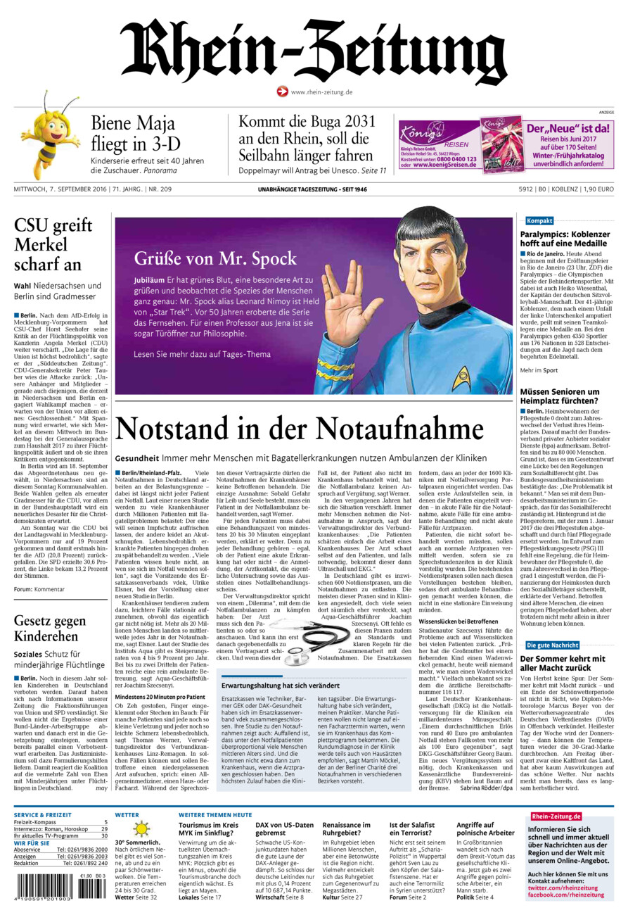 Rhein-Zeitung Koblenz & Region vom Mittwoch, 07.09.2016
