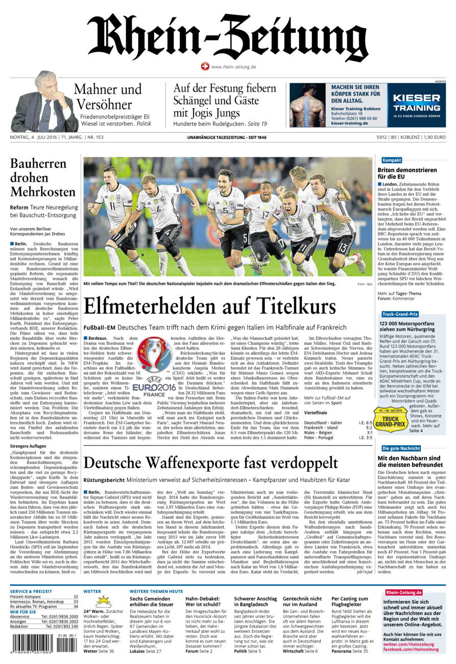 Rhein-Zeitung Koblenz & Region vom Montag, 04.07.2016