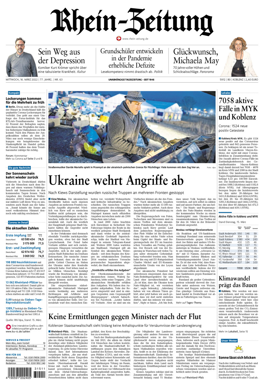 Rhein-Zeitung Koblenz & Region vom Mittwoch, 16.03.2022