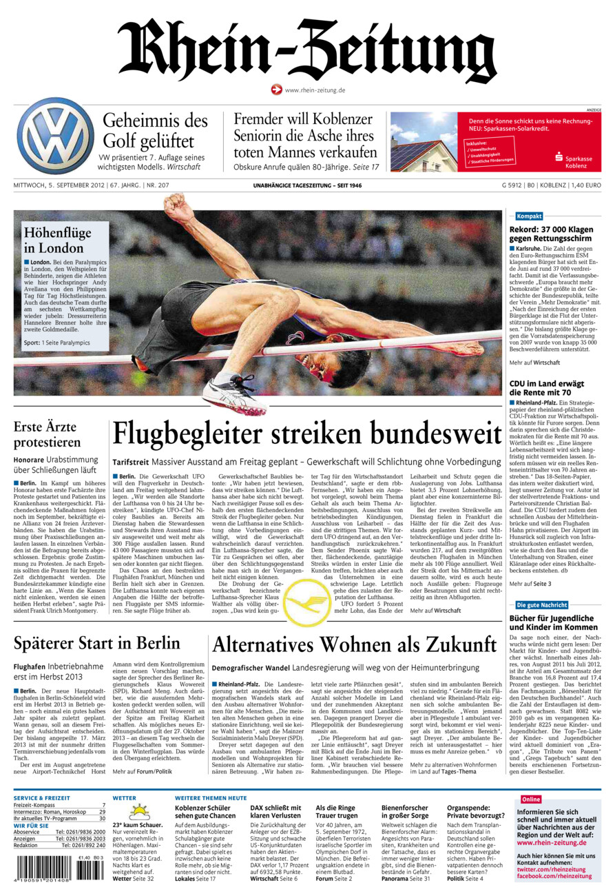 Rhein-Zeitung Koblenz & Region vom Mittwoch, 05.09.2012