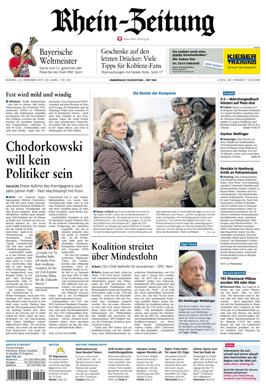 Rhein-Zeitung Koblenz & Region vom Montag, 23.12.2013