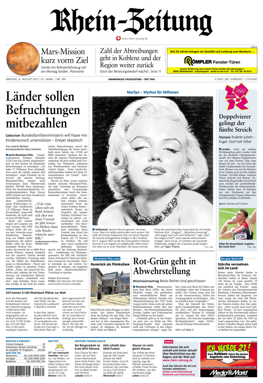 Rhein-Zeitung Koblenz & Region vom Samstag, 04.08.2012