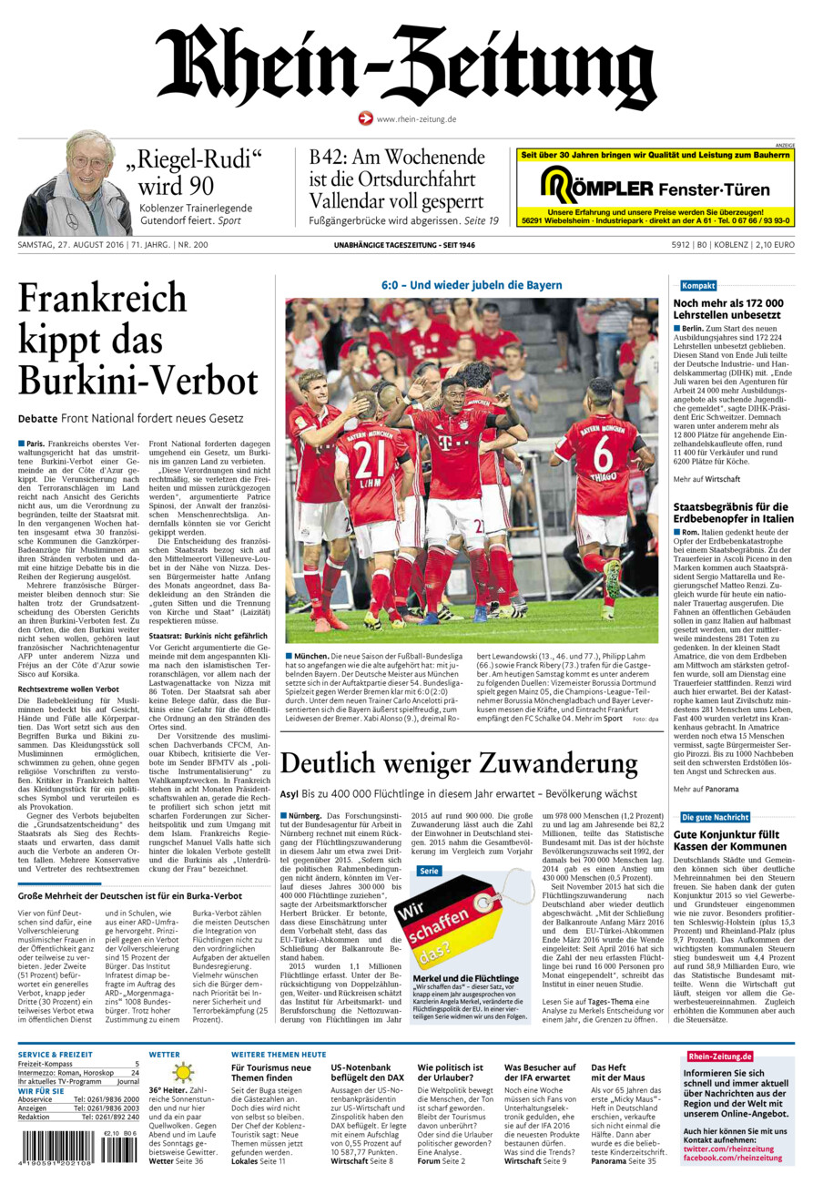 Rhein-Zeitung Koblenz & Region vom Samstag, 27.08.2016