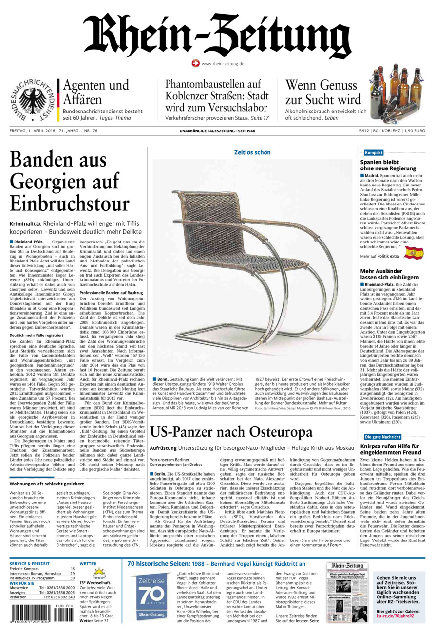Rhein-Zeitung Koblenz & Region vom Freitag, 01.04.2016