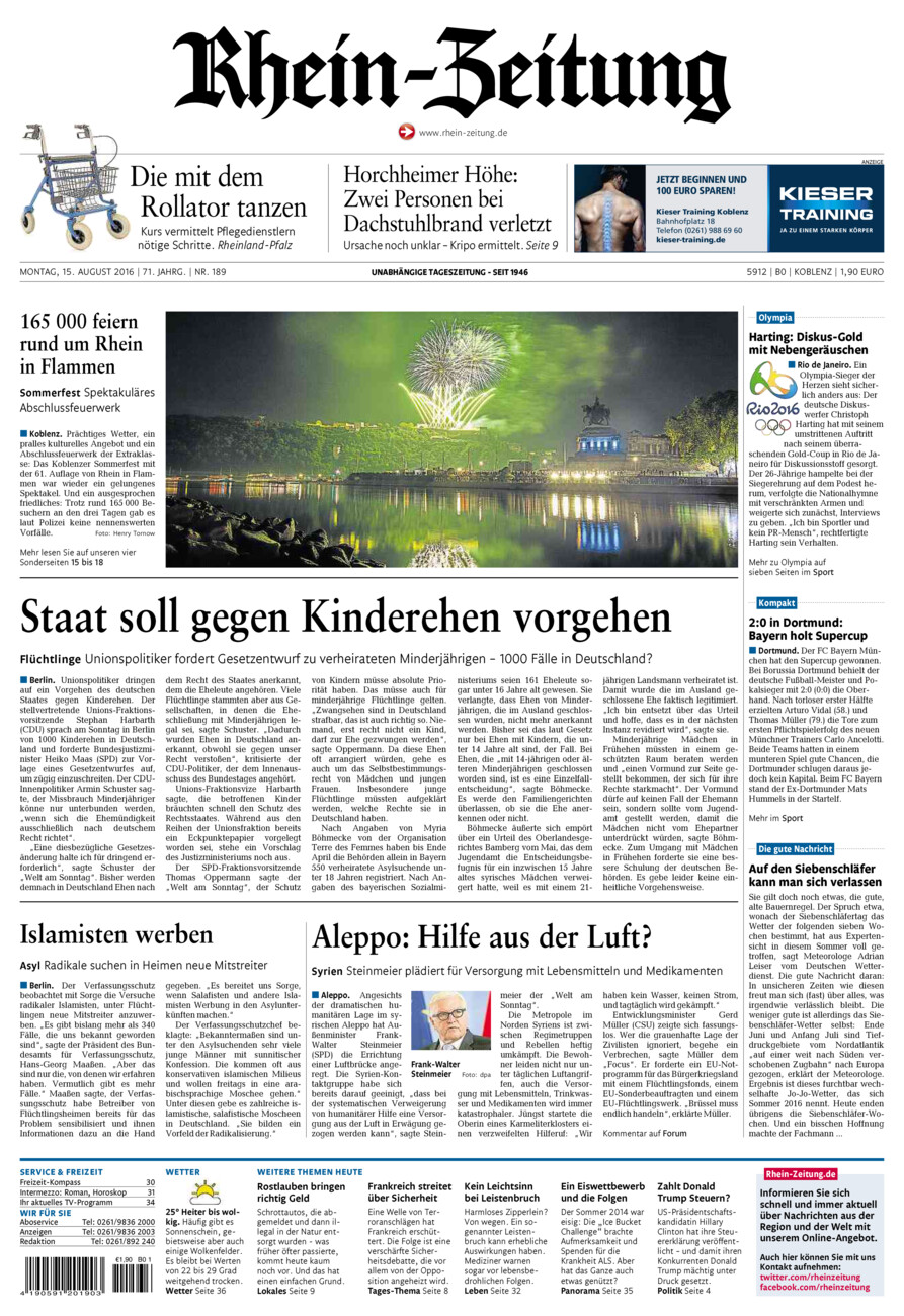 Rhein-Zeitung Koblenz & Region vom Montag, 15.08.2016