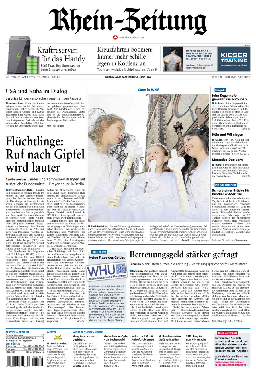Rhein-Zeitung Koblenz & Region vom Montag, 13.04.2015