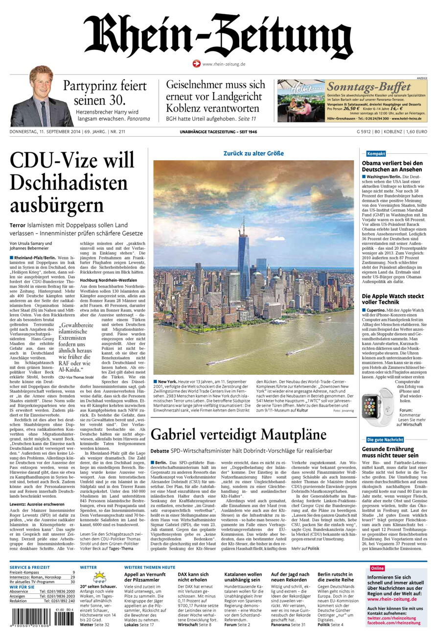 Rhein-Zeitung Koblenz & Region vom Donnerstag, 11.09.2014