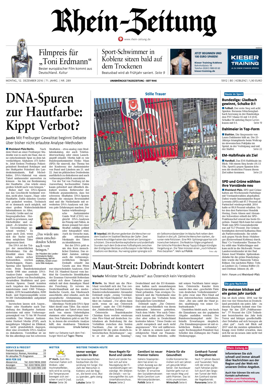 Rhein-Zeitung Koblenz & Region vom Montag, 12.12.2016