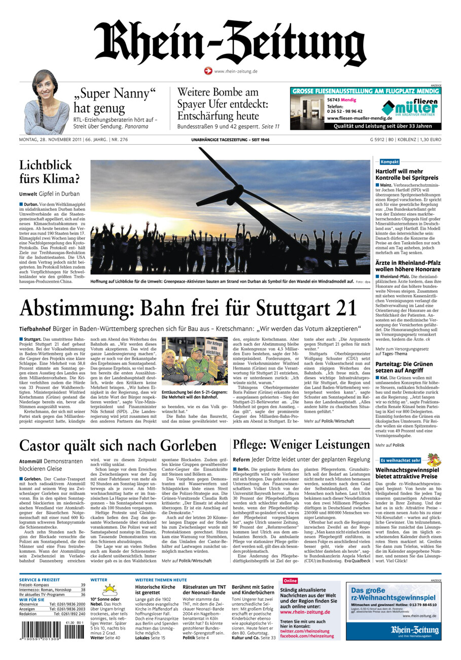 Rhein-Zeitung Koblenz & Region vom Montag, 28.11.2011
